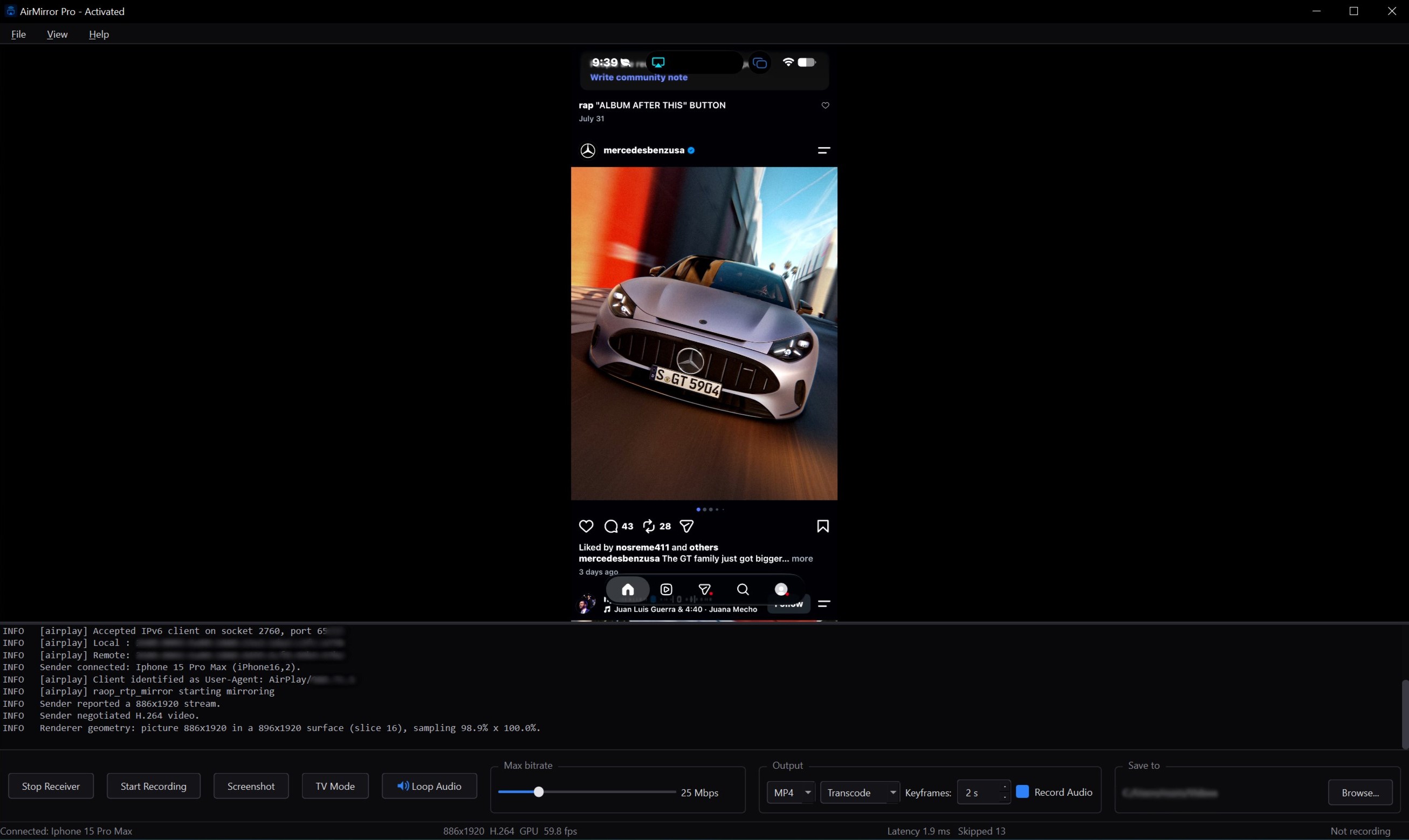 AirMirror Pro showing Instagram mirrored from iPhone 15 Pro Max