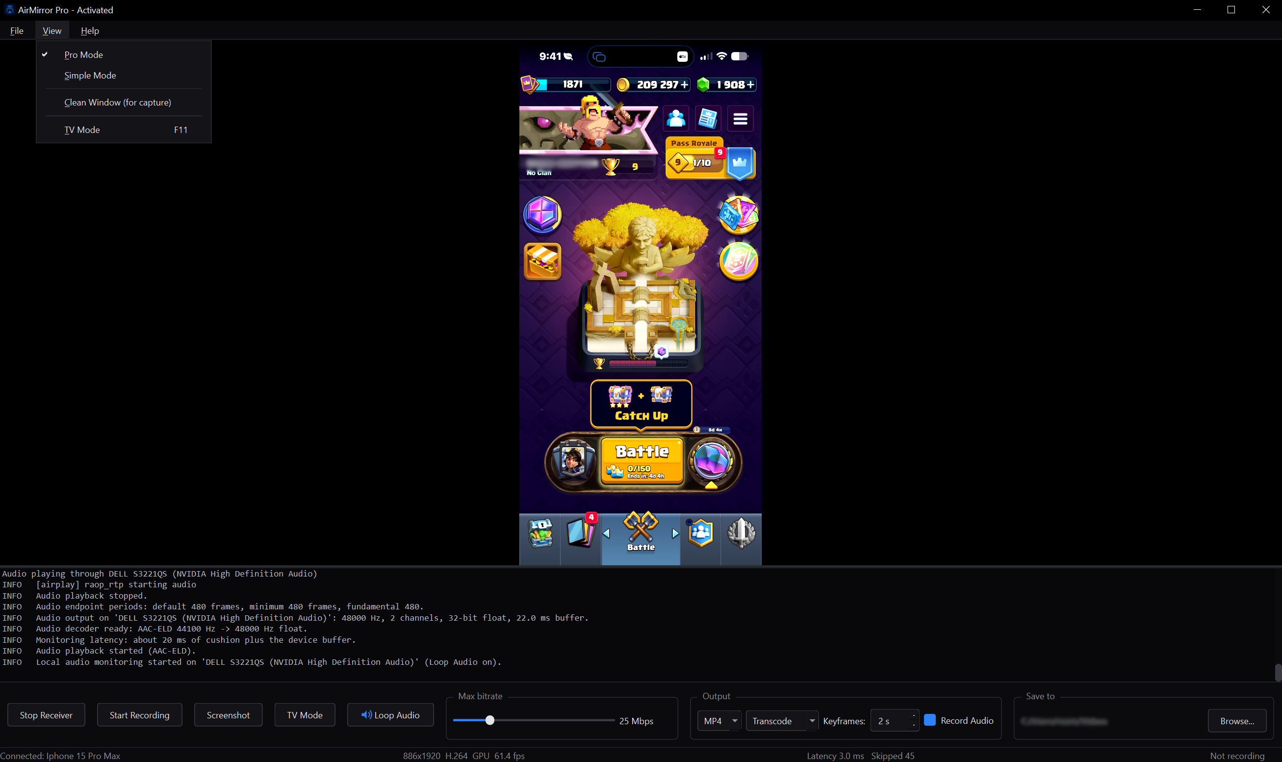 AirMirror Pro showing Clash Royale with View menu open