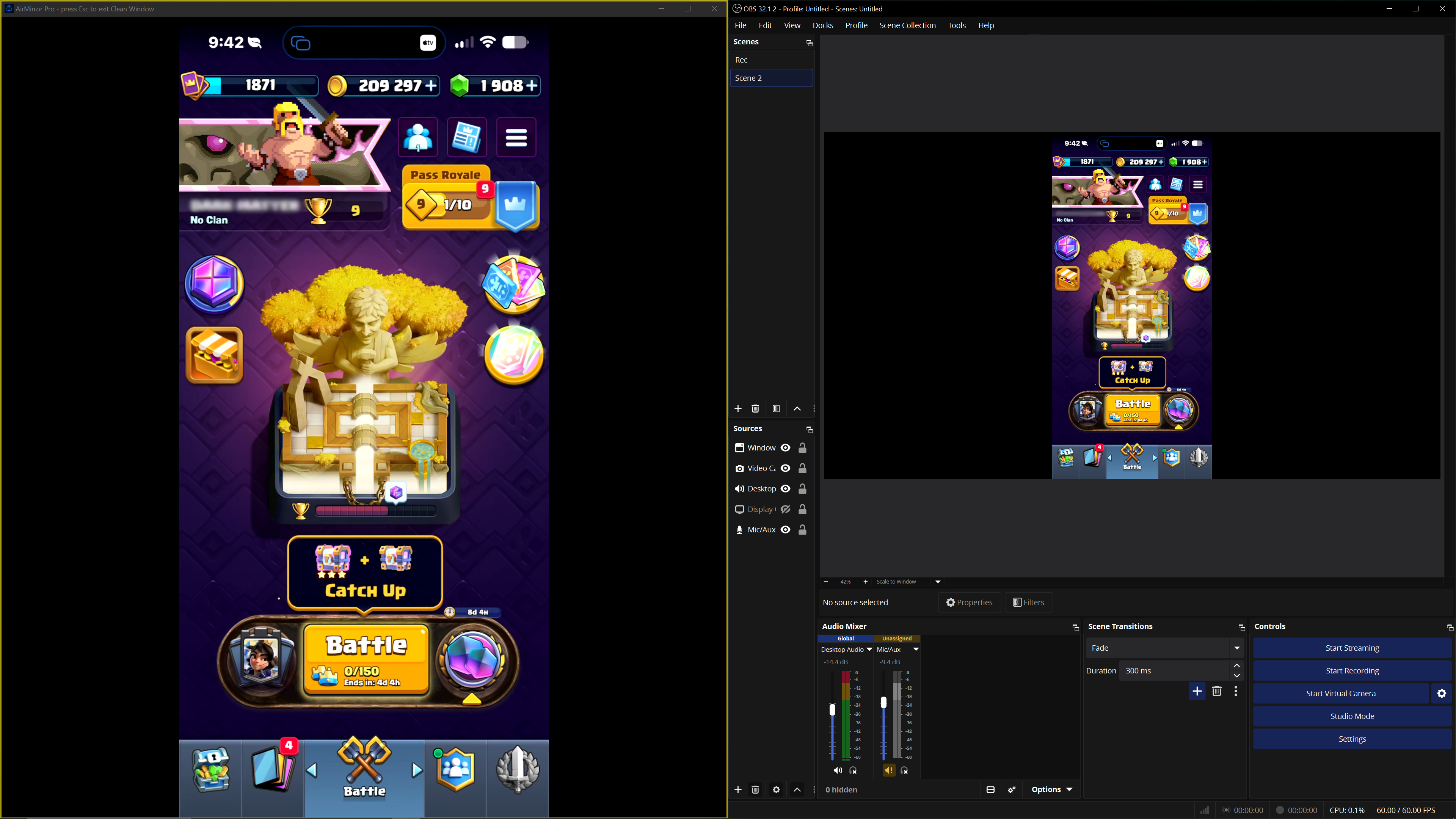 AirMirror Pro with OBS capturing Clash Royale gameplay