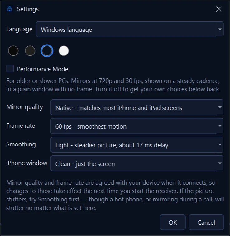 The AirMirror Pro 3.1 Settings window, with a language picker, four theme swatches and the Performance Mode switch