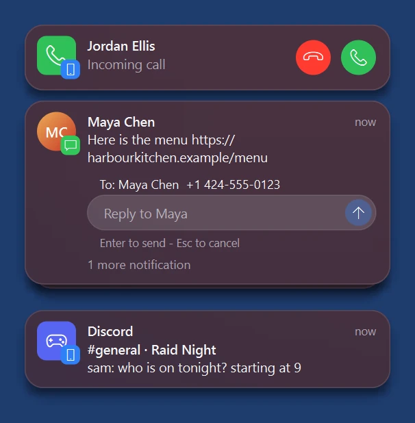 AirMirror Pro 3.2 notification banners on a Windows PC: an incoming call, a text being answered from the banner, and a Discord message